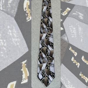 Vintage Barrington Silk Tie Black Silver Gold Abstract Geometric Necktie